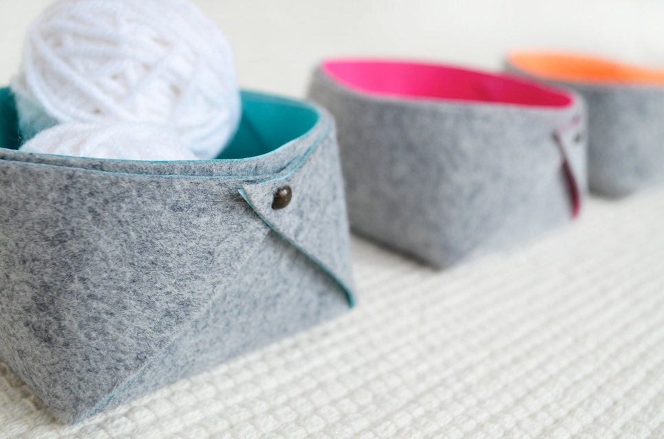 Set of 3 Felt Storage Baskets - Size: Small - Charcoal Felt with Neon Color Interior