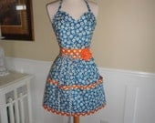 4RetroSisters Gina Style-  Lotsa Pockets - Womens Sweetheart Retro Apron - Bright blue & Orange