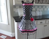 4RetroSisters "Ellie"  Ready to Ship Womens Retro Full Apron -  "Bubble Gum Pink & Damask"