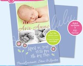 INSTANT DOWNLOAD Digital Printable 5x7 Blue / Periwinkle / Purple with Flowers Baby Announcement or Birthday Card Template (Photoshop) PSD Il_170x135