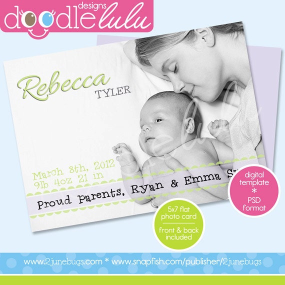 Digital Printable 5x7 Simple Baby Announcement Card Template with Green & Purple Accents - Design from DOODLELULU by 2 june bugs Il_170x135