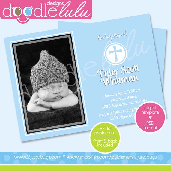 Digital Printable 5x7 Baby Blue Baby Announcement or Baptism Card Template (Photoshop) PSD Il_570xn
