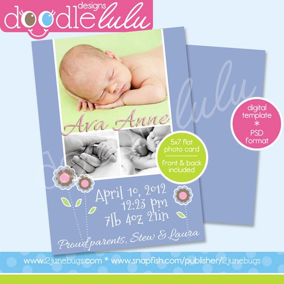 Digital Printable 5x7 Blue / Periwinkle / Purple with Flowers Baby Announcement or Birthday Card Template (Photoshop) PSD Il_570xn
