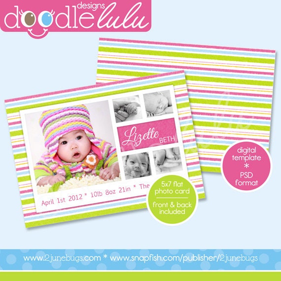 Digital Printable 5x7 Green Pink Blue Yellow Striped Baby Girl Photo Card Birth Announcement Template - from DOODLELULU by 2 june bugs Il_570xn