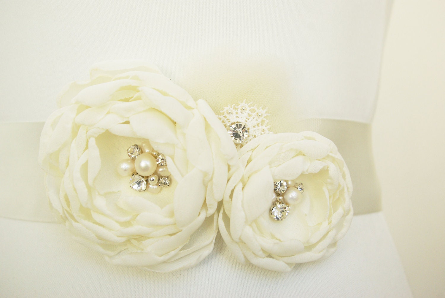 Wedding Belt - Ivory Chiffon Bridal Dress Sash Belt. Pearls, Rhinestones and Lace Wedding Dress Sash. Perfect Winter Wedding