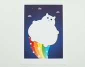 Flying cat print, rainbow kitty gift, pet lovers wall art
