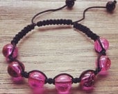 Pink Glass Beaded Bracelet with Black Cord