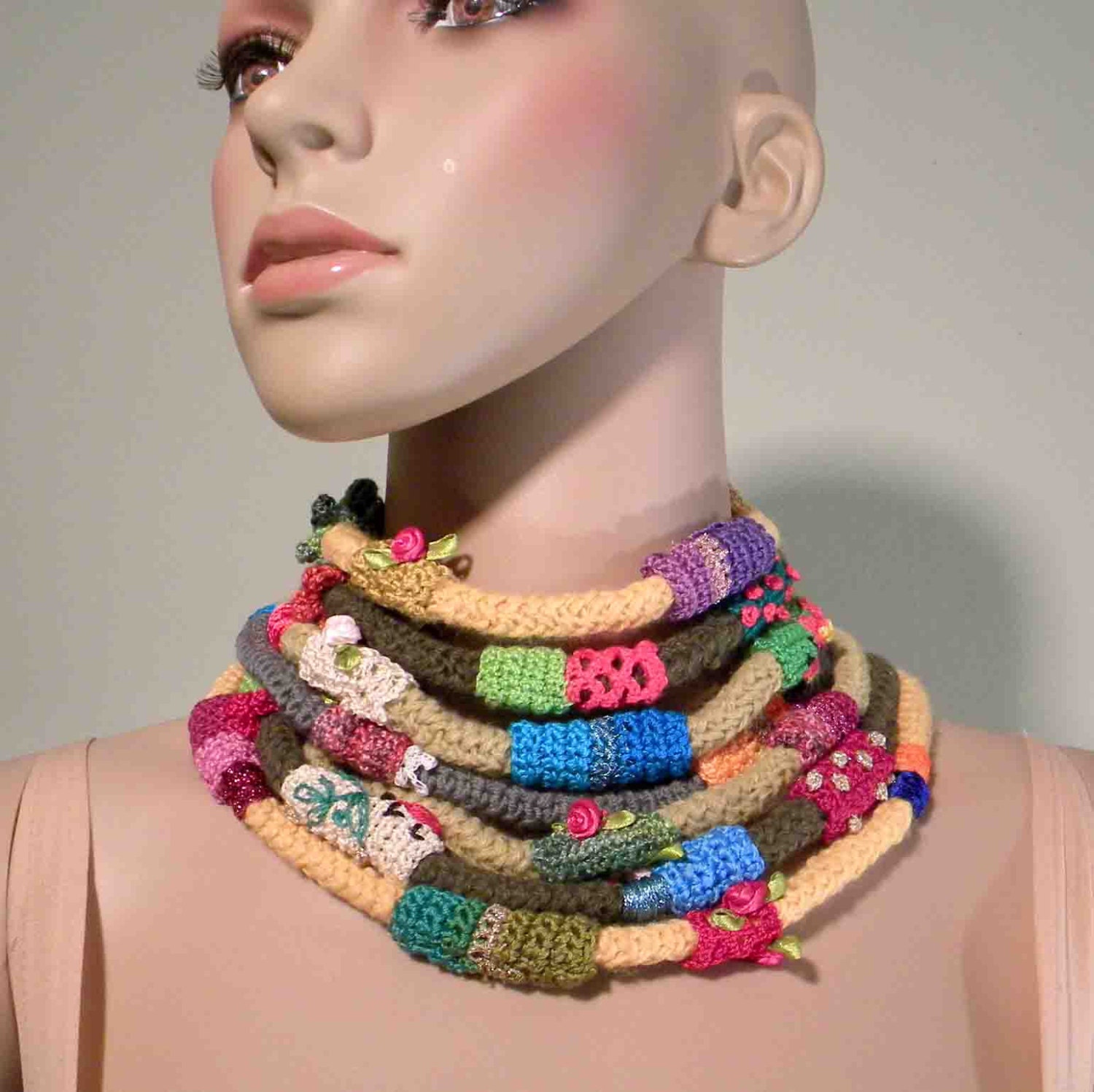 EGYPTIAN MOTIF CHOKER - Wearable Fiber Art Jewelry, Richly Embellished, Multistrand Freeform Crocheted