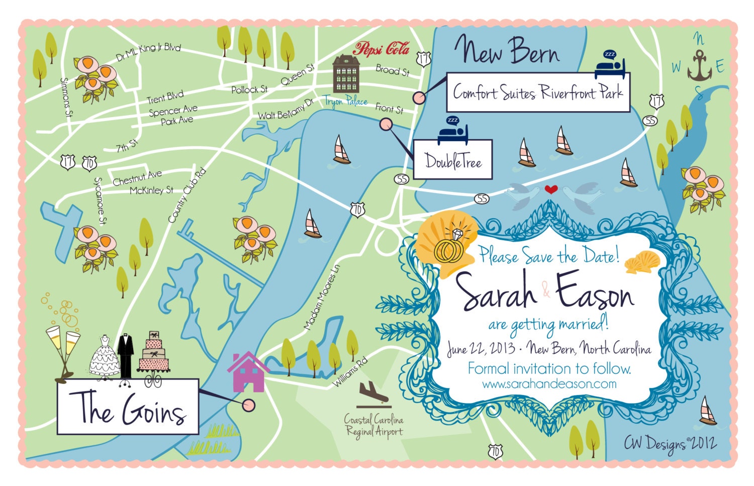 As Seen on STYLE ME PRETTY - Save the Date New Bern, North Carolina Map