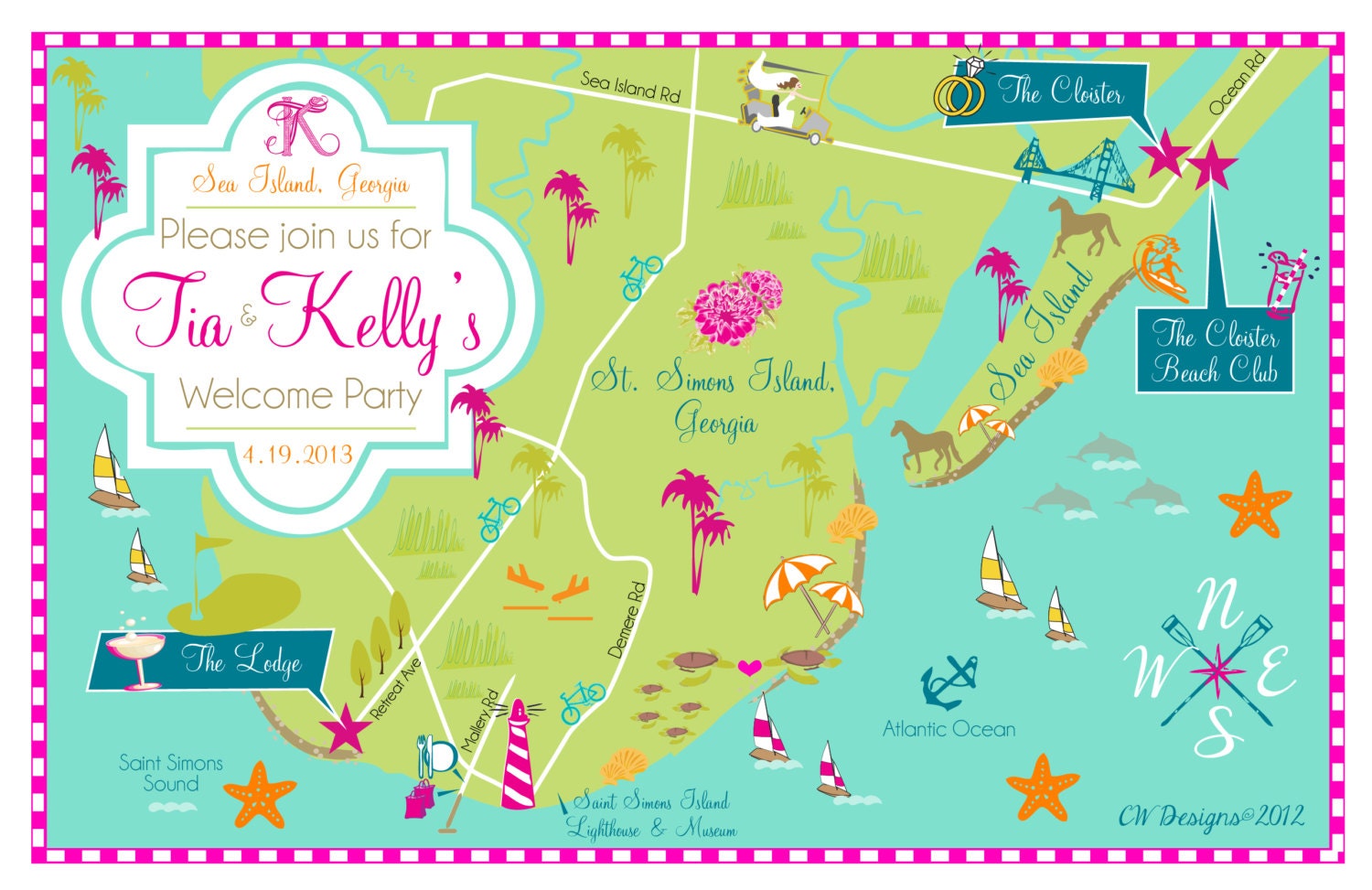 As Seen on Style Me Pretty - Custom Wedding Map Blue/Pink/Green modern Sea Island, GA Chevron Map