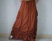 Bring Me To The Moon - Steampunk Maxi Flare Hand Dyed Burnt Orange Crinkle Cotton Skirt With Ruching Detail Around Bottom Hem