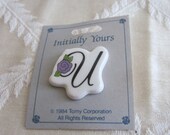 Letter U with Purple Rose Initial Pin Brooch Vintage 1980s
