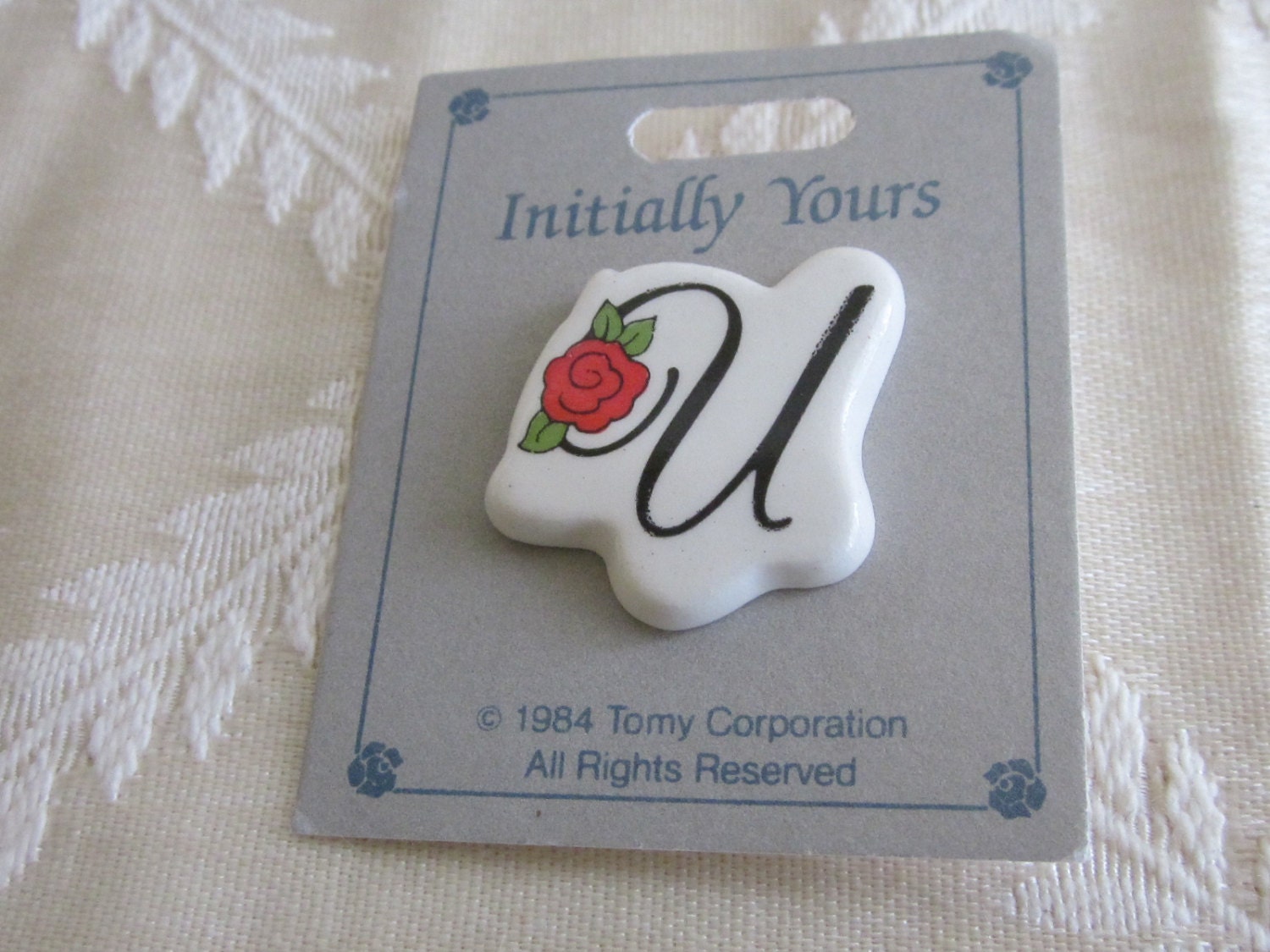 Letter U with Red Rose Initial Pin Brooch Vintage 1980s