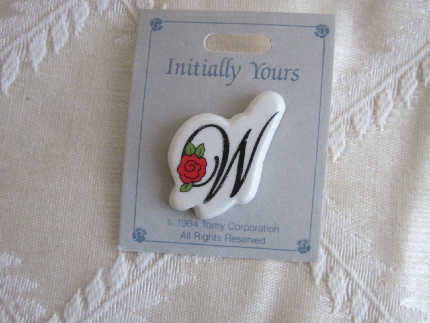 Letter W with Red Rose Initial Pin Brooch Vintage 1980s