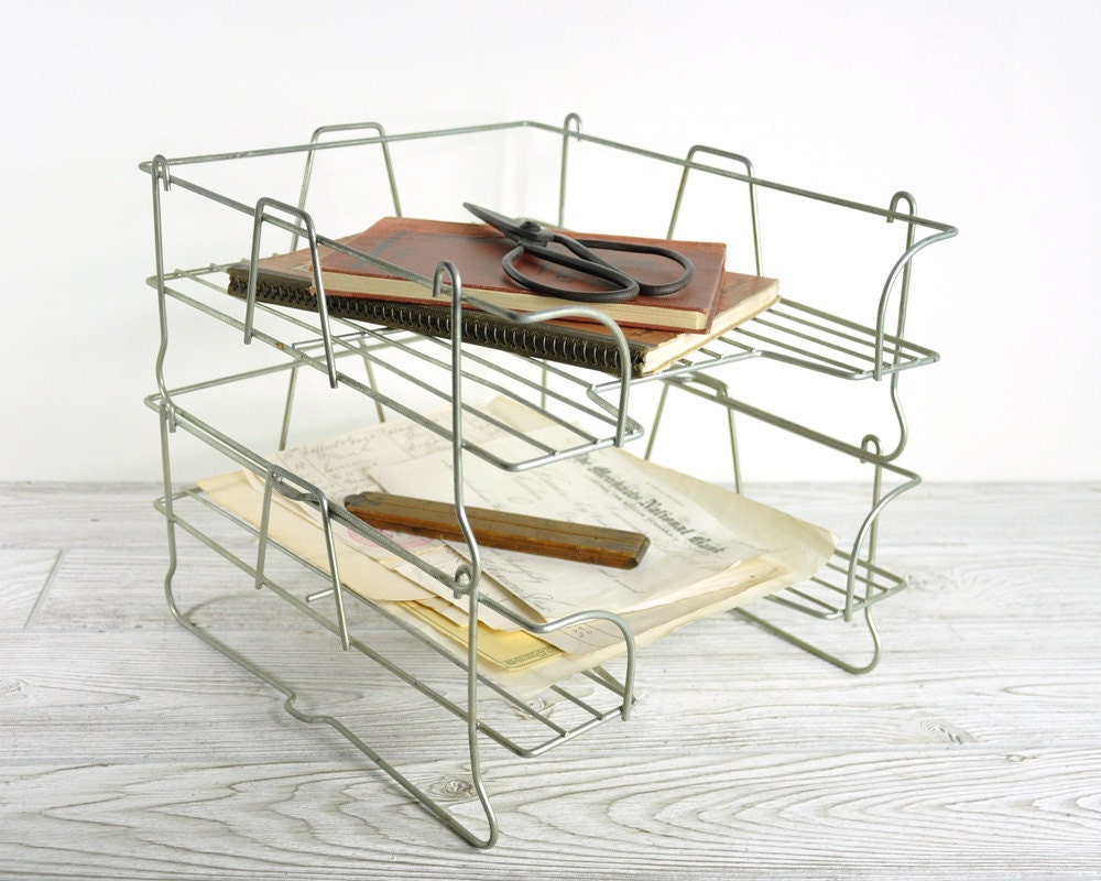 Vintage Wire File Basket Trays / In and Out Baskets