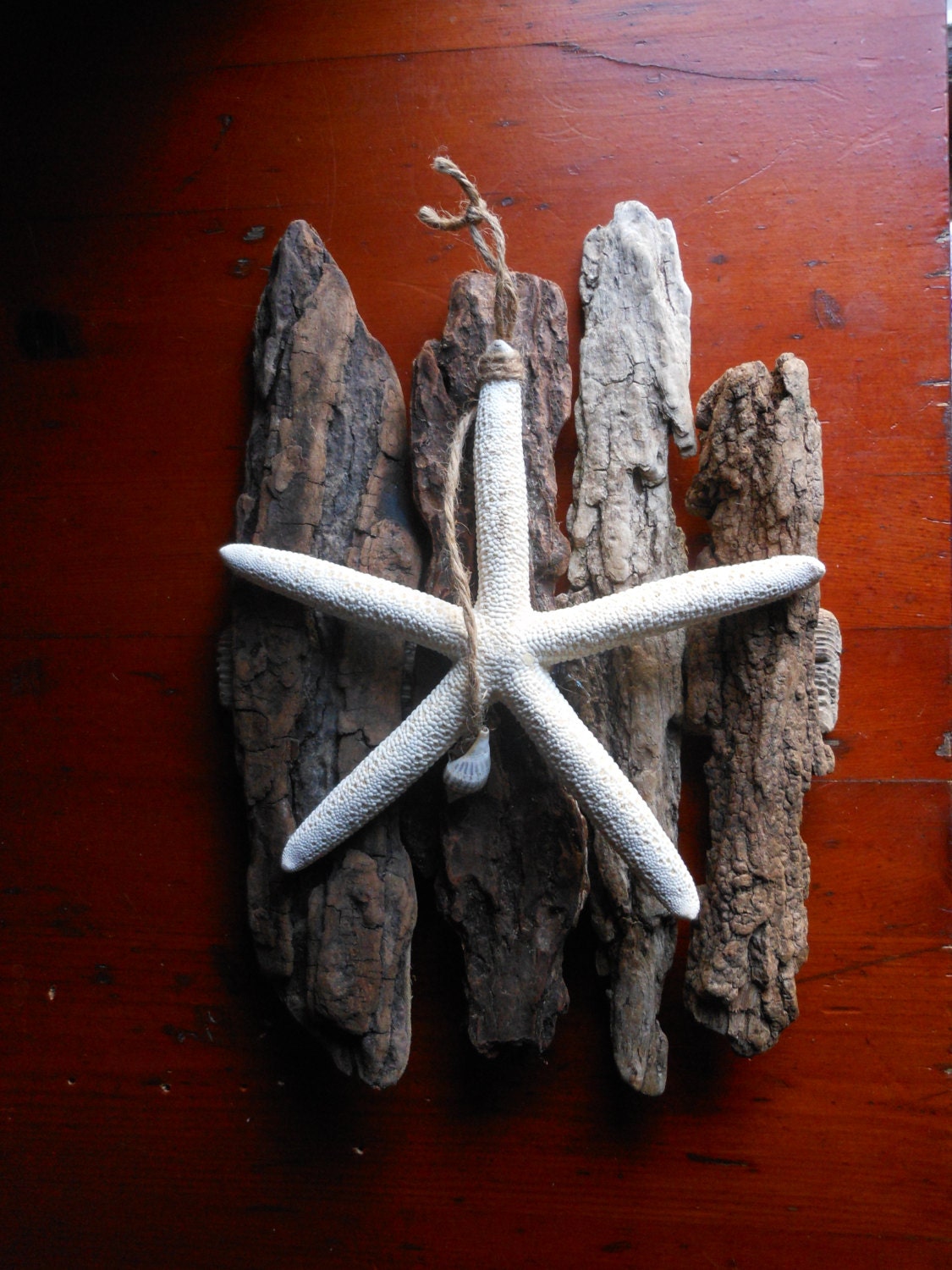 Abstract driftwood bark and star fish sea star sculpture assemblage natural shades of wood for beach house or cottage  dangle shell on twine