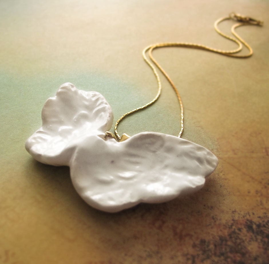 Porcelain Necklace Feather White Wing ART jewelry Handmade Ceramic Natural Pendant and Gold Chain gift Spring celebrations minimalist