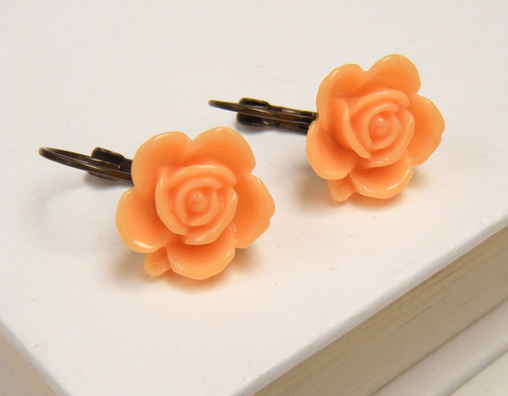 Floral Earrings, Orange Earrings, Peach Earrings, Vintage Style Earrings, Orange Flower Earrings - Orange Rose Earrings