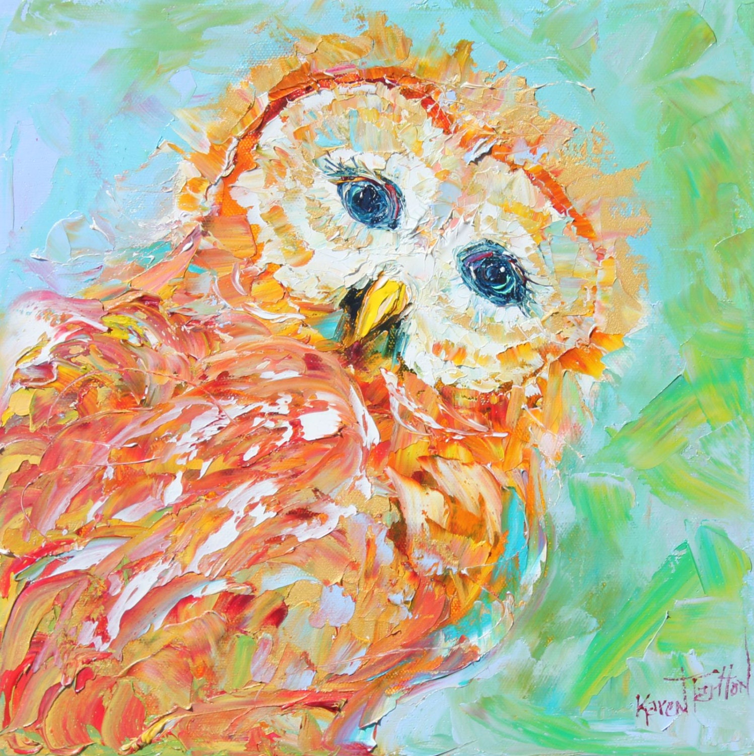 Original oil Little OWL PALETTE KNiFE painting impressionism impasto fine art on canvas by Karen Tarlton
