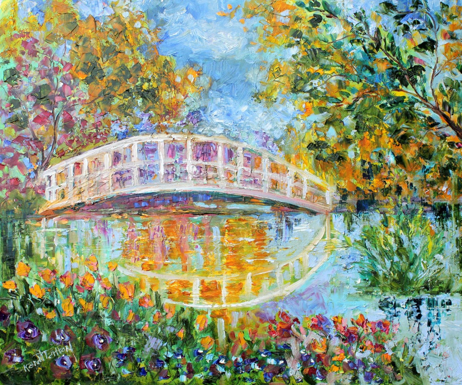 Original oil painting MONET garden landscape pond by Karen Tarlton palette knife impasto fine art impressionism
