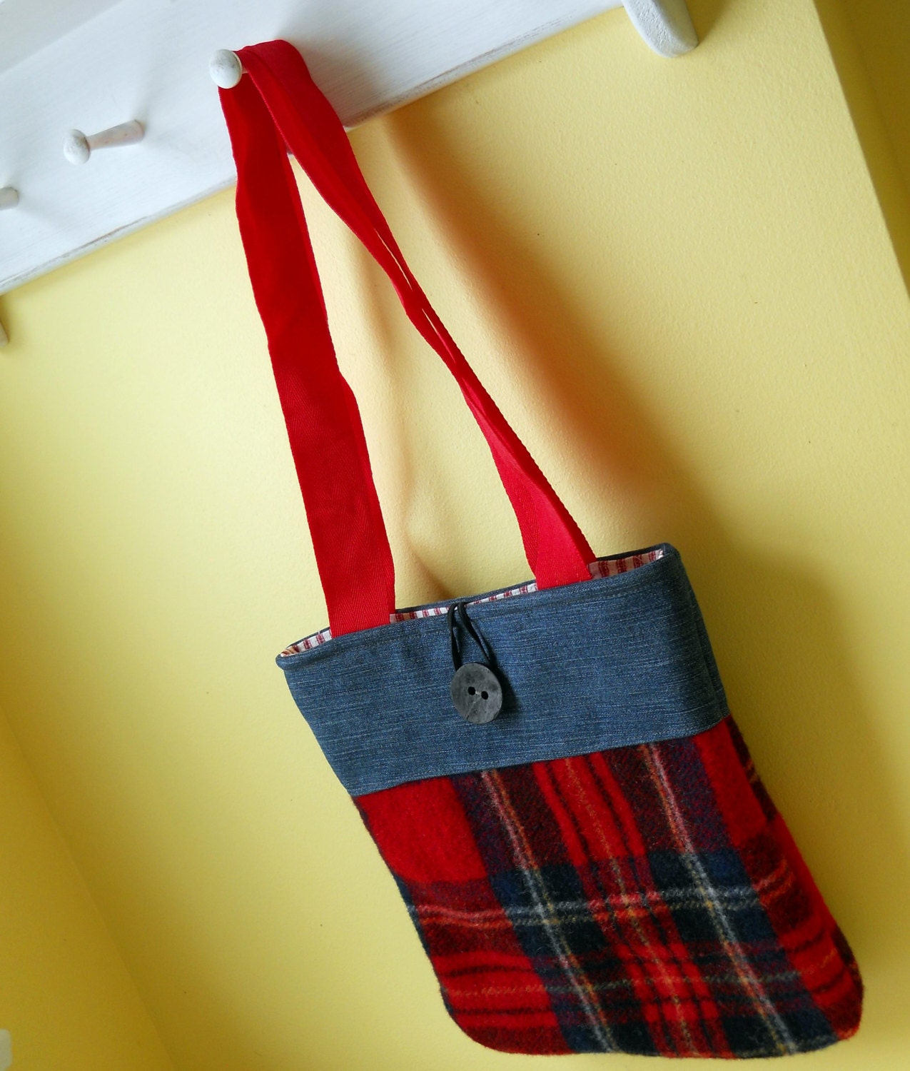 Red Plaid and Denim Tote Bag Purse: made from recycled blanket wool and denim.