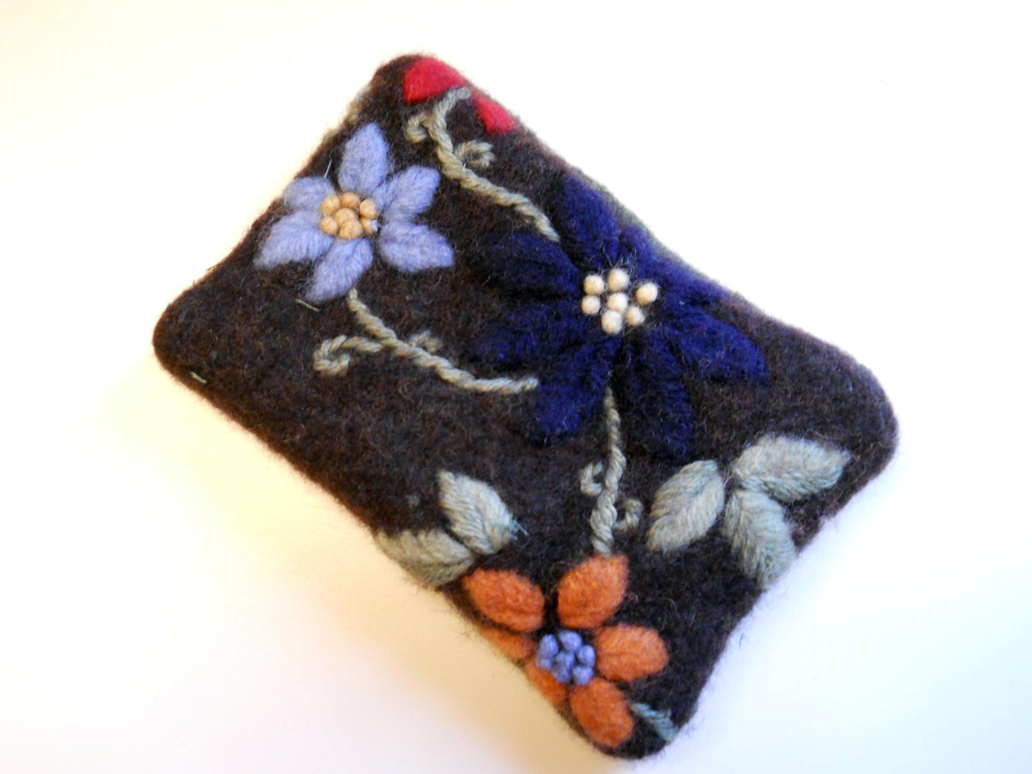 Little Lined Case: made from recycled wool and lined with fabric.  Cool Floral Embroidery with Damask lining.