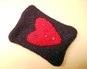 Little Lined Case: made from recycled wool and cashmere. Felted wool red heart & beads, purple cashmere lined.