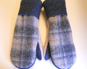 Denim Blues and Oatmeal Mittens lined with soft  fleece. Made from recycled wool garments. Ladies M