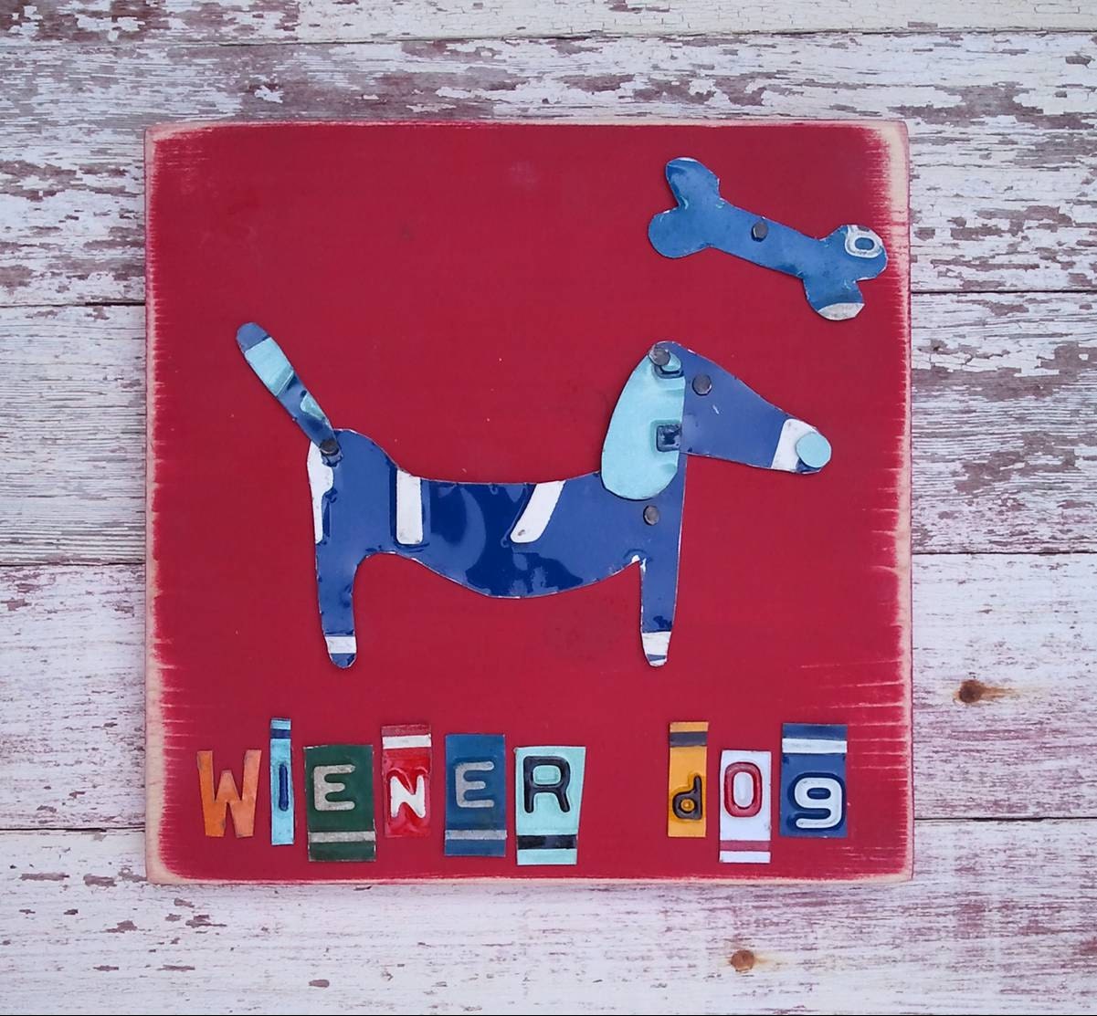 Funky Wiener Weiner Dog Navy Blue on Red with Blue Bone Woof Nursery Boy Toddler Animal Custom License Plate Art Recycled States