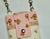 Vintage Pink & Cream Rose or Blue Paisley Phone Case with Wristlet and Interchangeable Shoulder Strap and Back Zipper Pocket