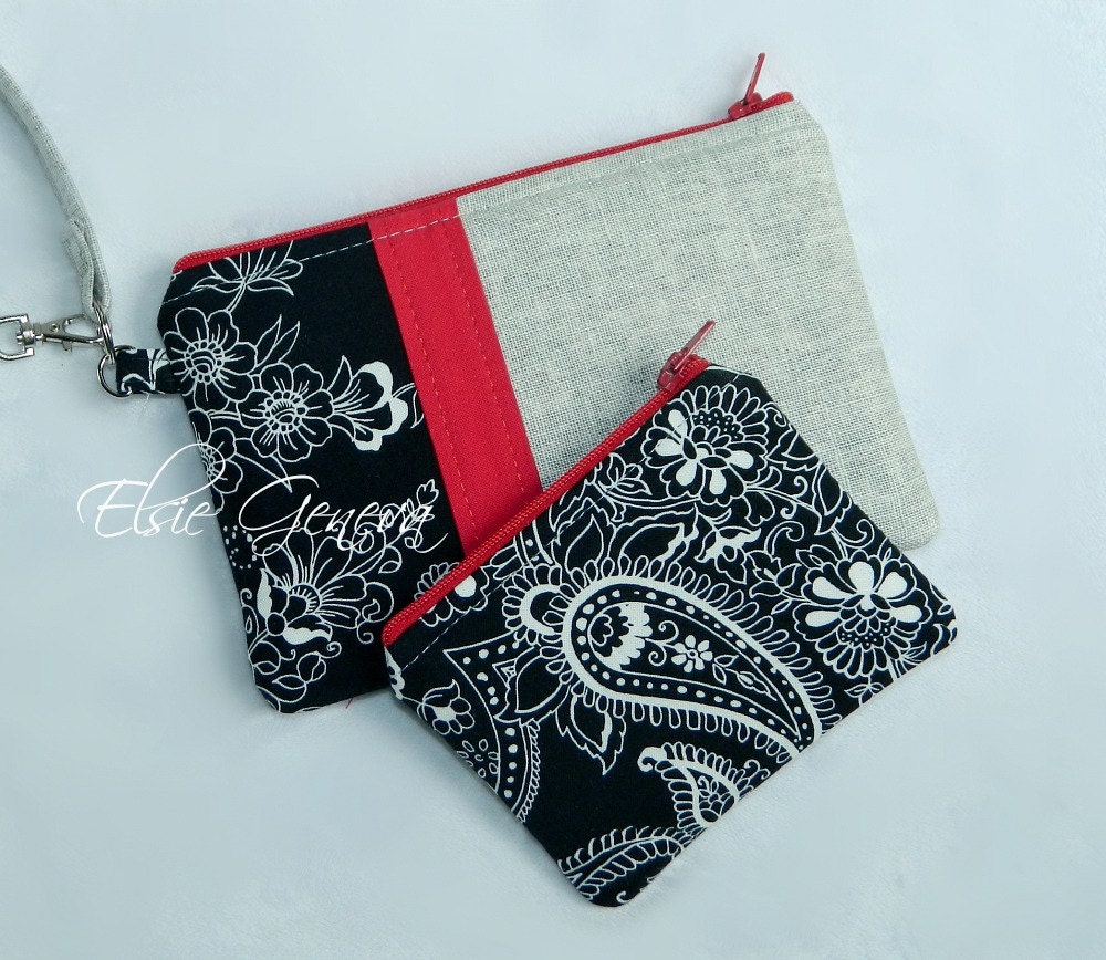 Grey Japanese Linen Black Paisley Red Phone - iPhone Pouch - Case - Wristlet Includes Extra Zipper Pouch