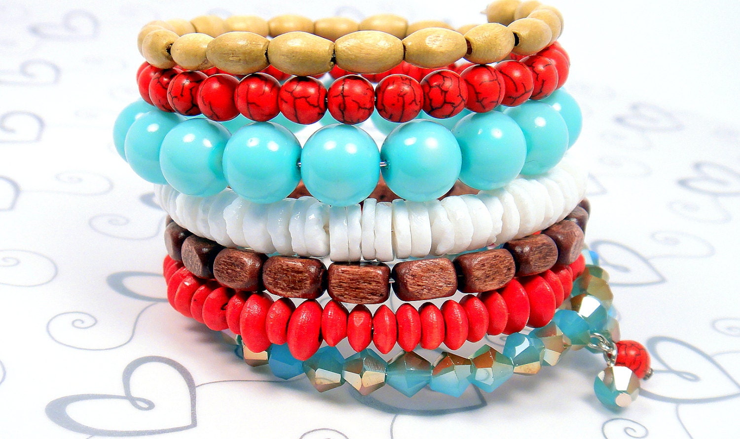 Mint Green Red Cuff, Mint Green Bangle, Wood Bead Cuff