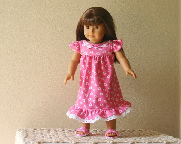 Doll Nightgown/ Slippers, fits 18-inch Amer Girl Doll, Interlock Cotton Knit, Eyelet Trim, Hot Pink, Hearts, READY to SHIP