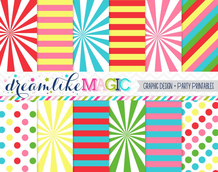 Carnival Stripes, Dots and Starbursts Digital Paper Pack for Personal or Commercial Use Il_570xn