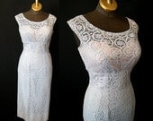 Chic 1950's pale blue lace cocktail wiggle party dress with pink satin bow vlv rockabilly bombshell - size Medium