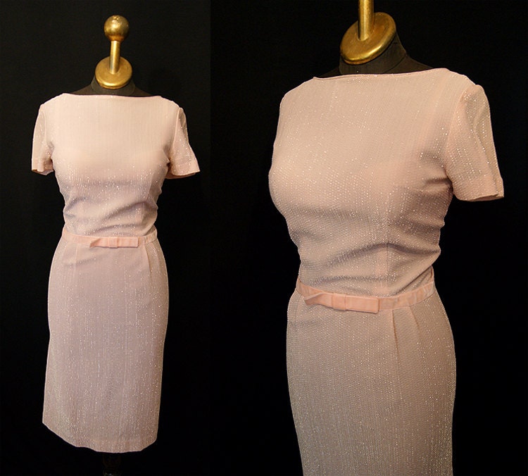 Bombshell Lurex 1950's pink cocktail wiggle dress vlv rockabilly  chic sexy metallic - size Medium