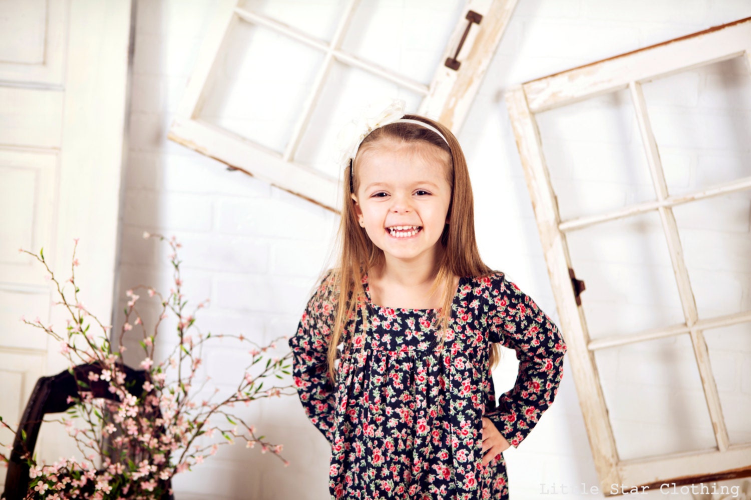 girls dress l size 6 l long sleeved prairie dress in double gauze black floral l handmade l Ready to Ship