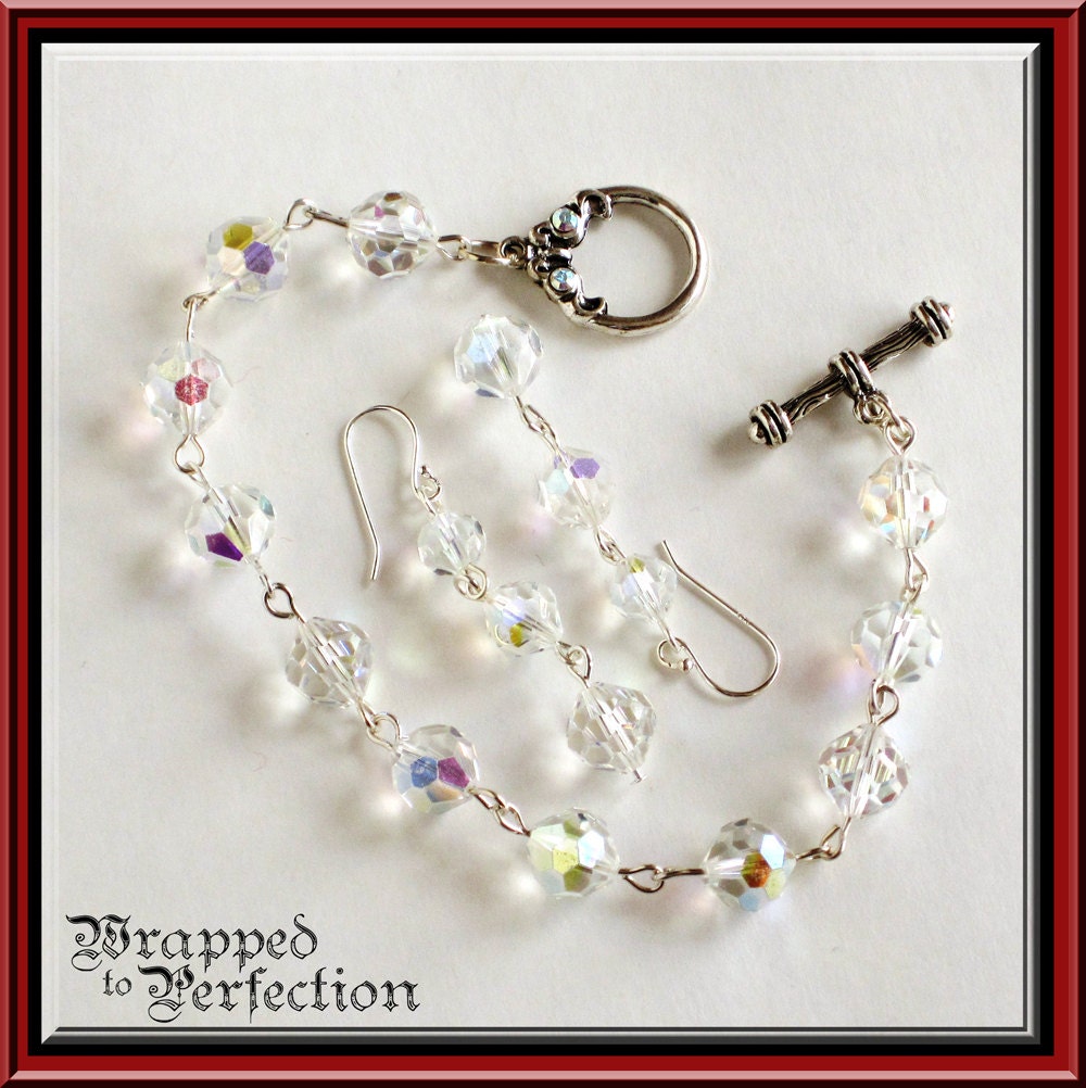 Crystal Bracelet & Earrings Set / Vintage Crystal / AB Aurora Borealis / Bride / Something Old and New / Simple Wedding / Single Strand