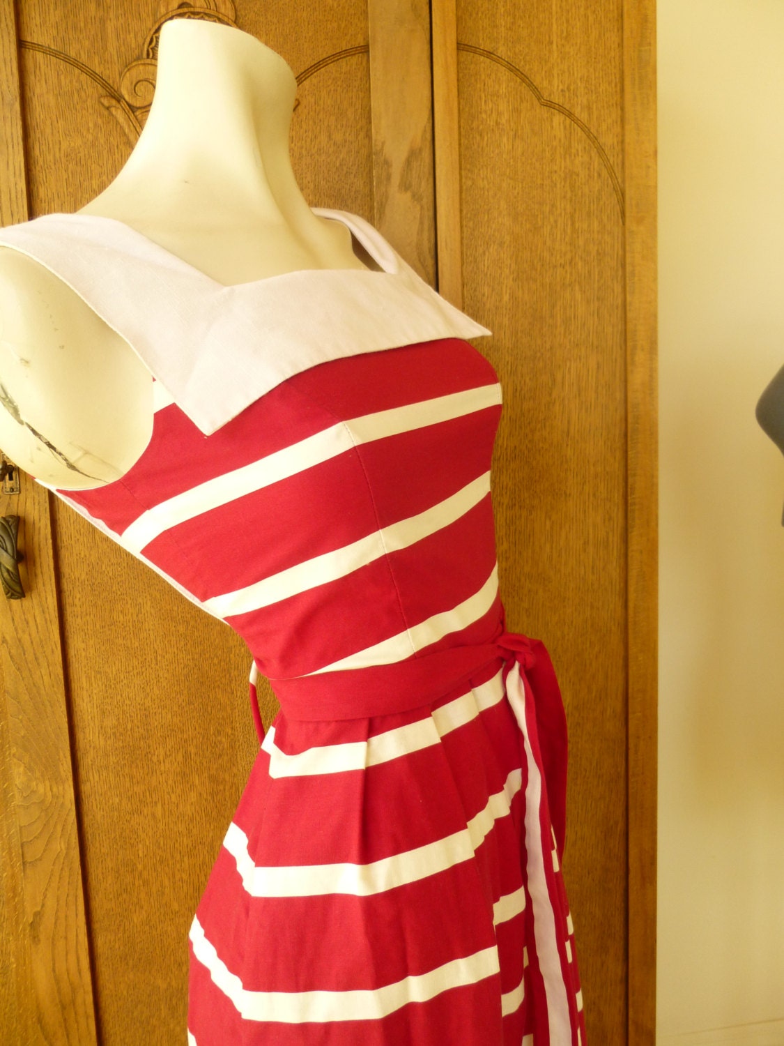 Vintage 1970's  Red and White Nautical Striped Dress