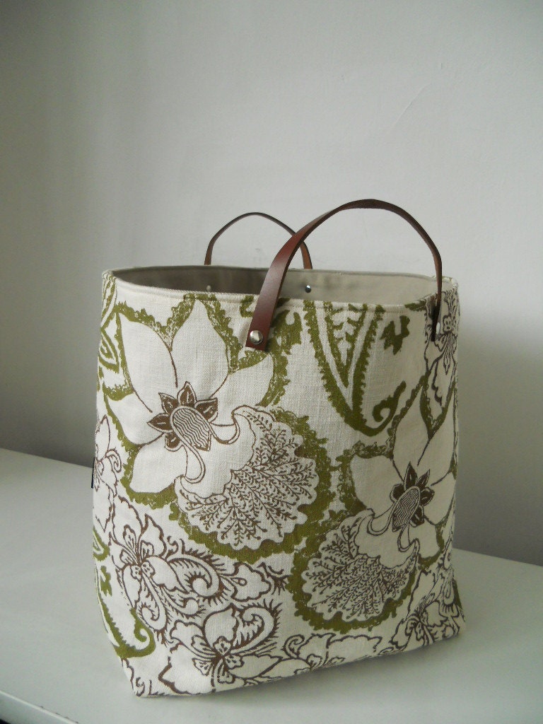 Fabric Basket Botanical Orchid with leather handles - block printed