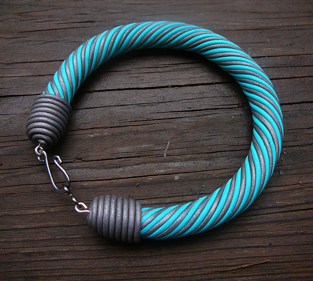 Turquoise and silver polymer clay bangle bracelet - free shipping