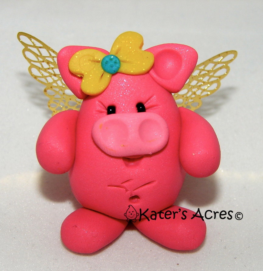 CHUBBY FLYING PIG with Golden Wings - Polymer Clay Animal - Made to Order