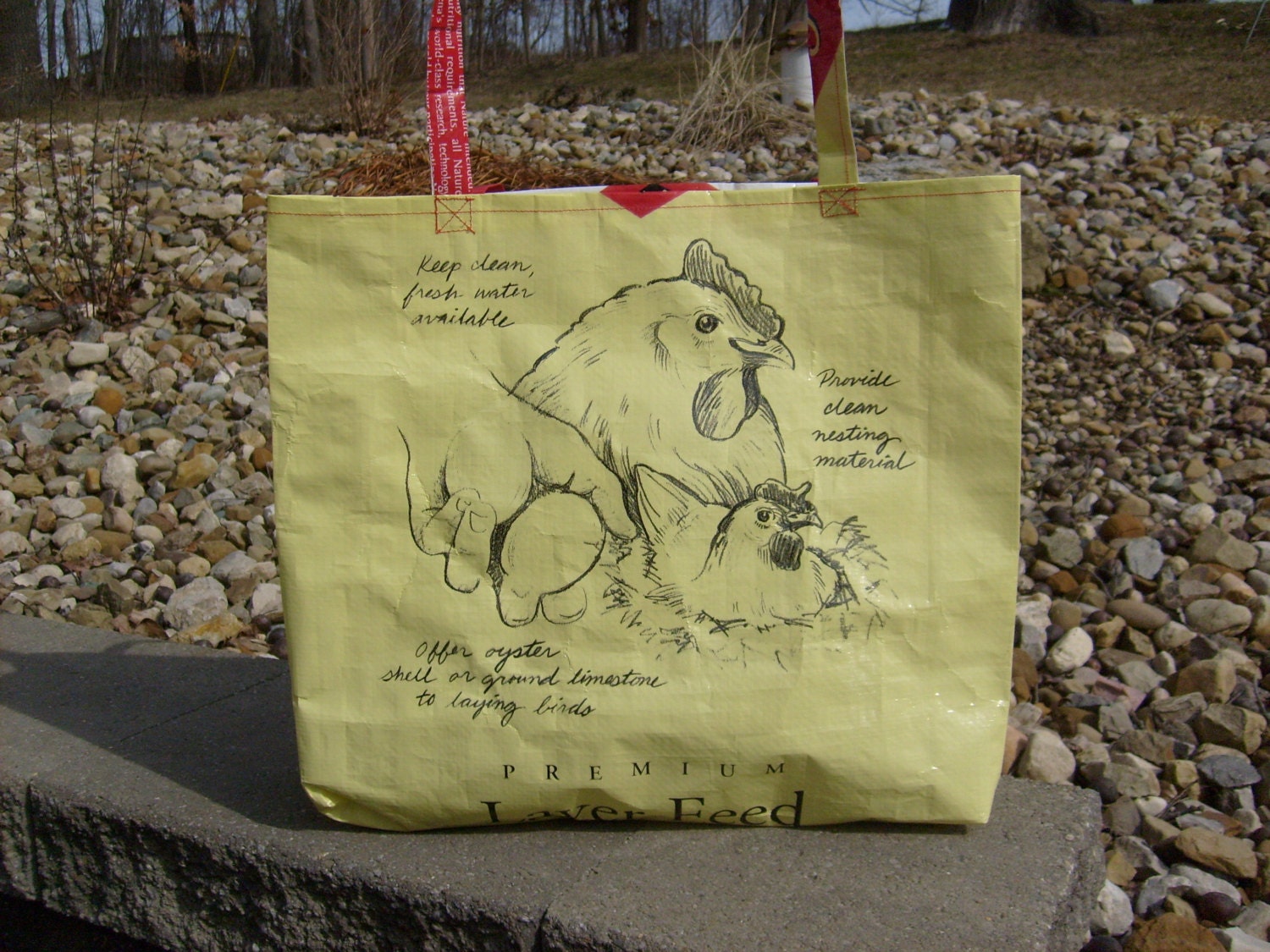 Recycled Feed Sack Hen and Eggs Chicken Food Market, Tote Bag, or Purse