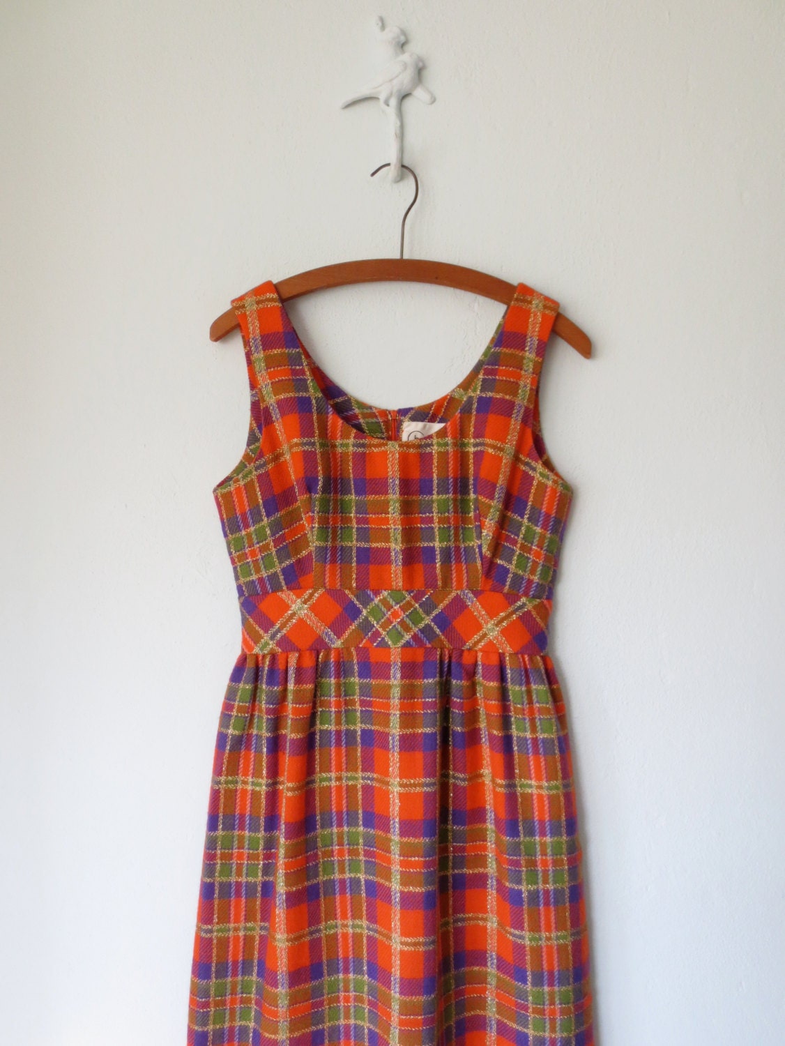 60s Maxi Dress ... Vintage 1960s Metallic Gold Plaid Gown ... Medium / Large