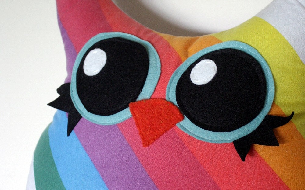 handmade owl pillow in rainbow, owl plush, stuffed owl, owl decor, owl cushion vintage fabric, eco friendly, upcycled