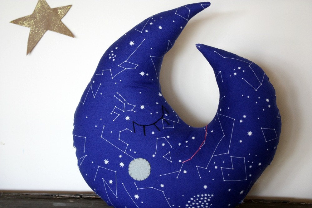 moon pillow, constellation fabric, moon decor, moon plush, stuffed moon, crescent moon, moon phase fabric, luna, 100% natural cotton