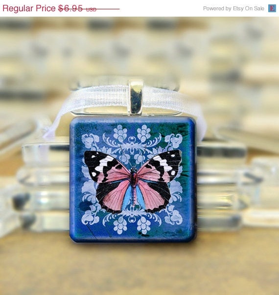 SALE Black & Pink Butterfly Pendant Necklace