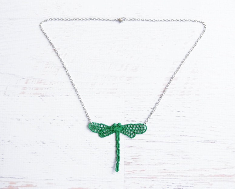 Lace Dragonfly Necklace - Aleda in Green - Emerald Insect Jewelry - Summer Dragonfly Necklace