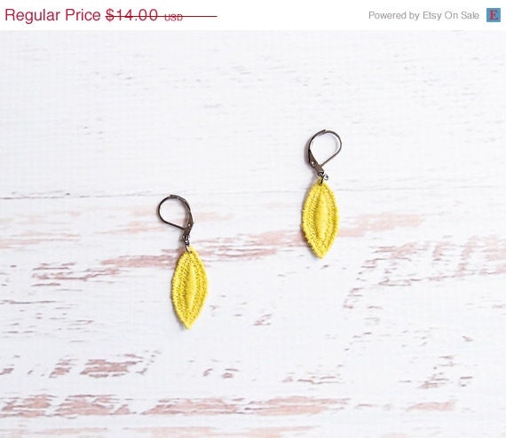 Memorial Day Weekend Sale Lace Earrings - Aisling - Neon Yellow Lace Oval Earrings - Small Simple Lace Jewelry