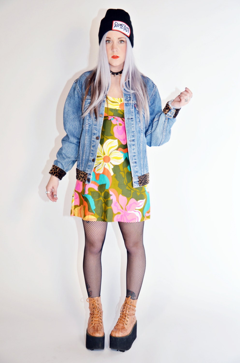 Vintage 60s PSYCHEDELIC Groovy NEON Grunge Floral Pattern Mini Dress